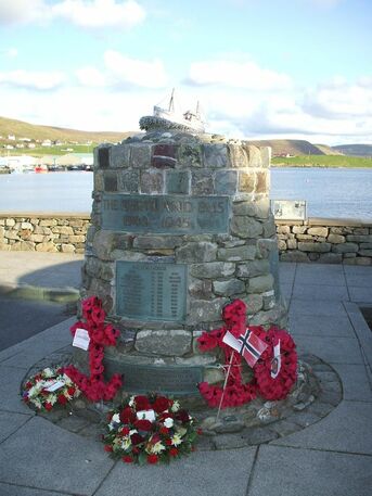 The Shetland Bus Memorial located close to the waterfront.